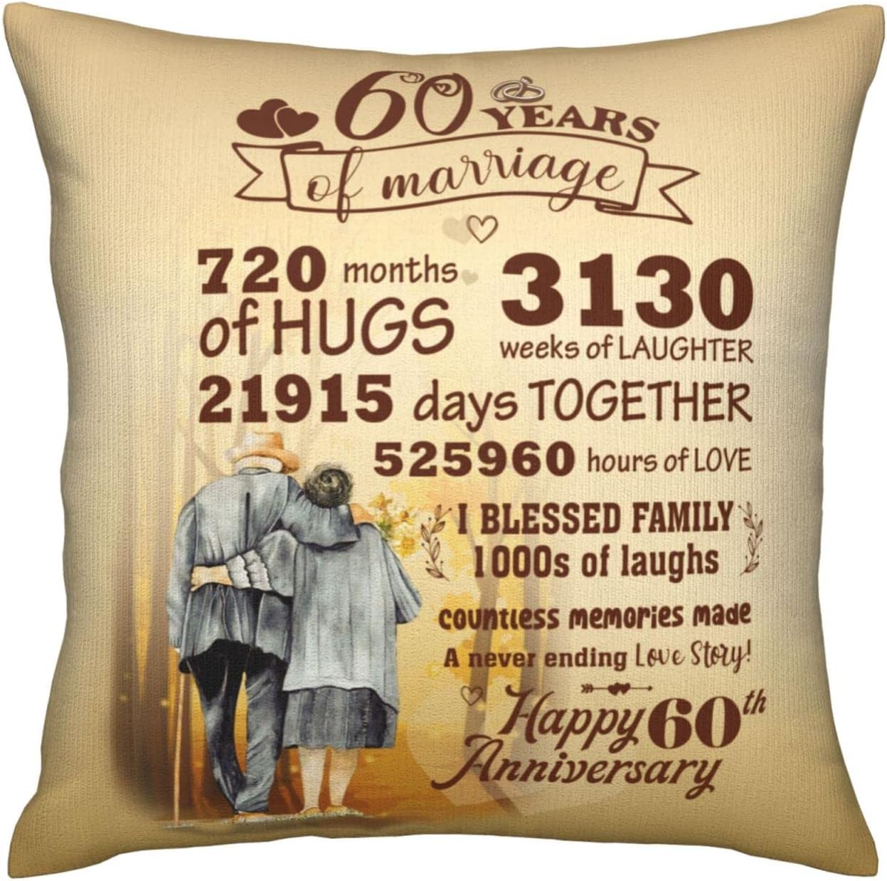 60th Anniversary Romantic Gifts for Parents – 60th Wedding Anniversary Romantic Gifts for Christmas – 60 Anniversary Unique Gift Ideas – 60 Wedding Anniversary Throw Pillow Covers 18 x 18 Inch