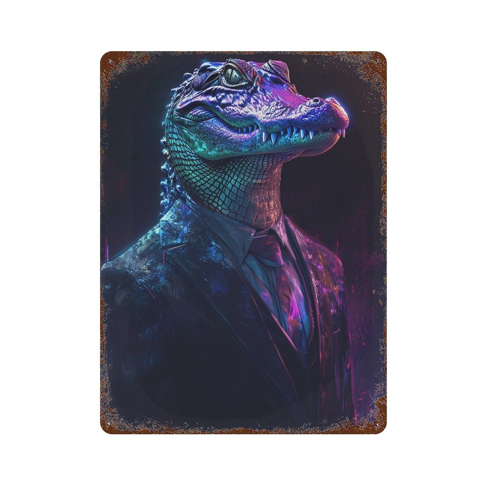 Garage Style Glowing Crocodile in Suit Art Print Weathered Tin Sign 15.7"x11.8", Shabby Chic Decor for Bar And Workshop