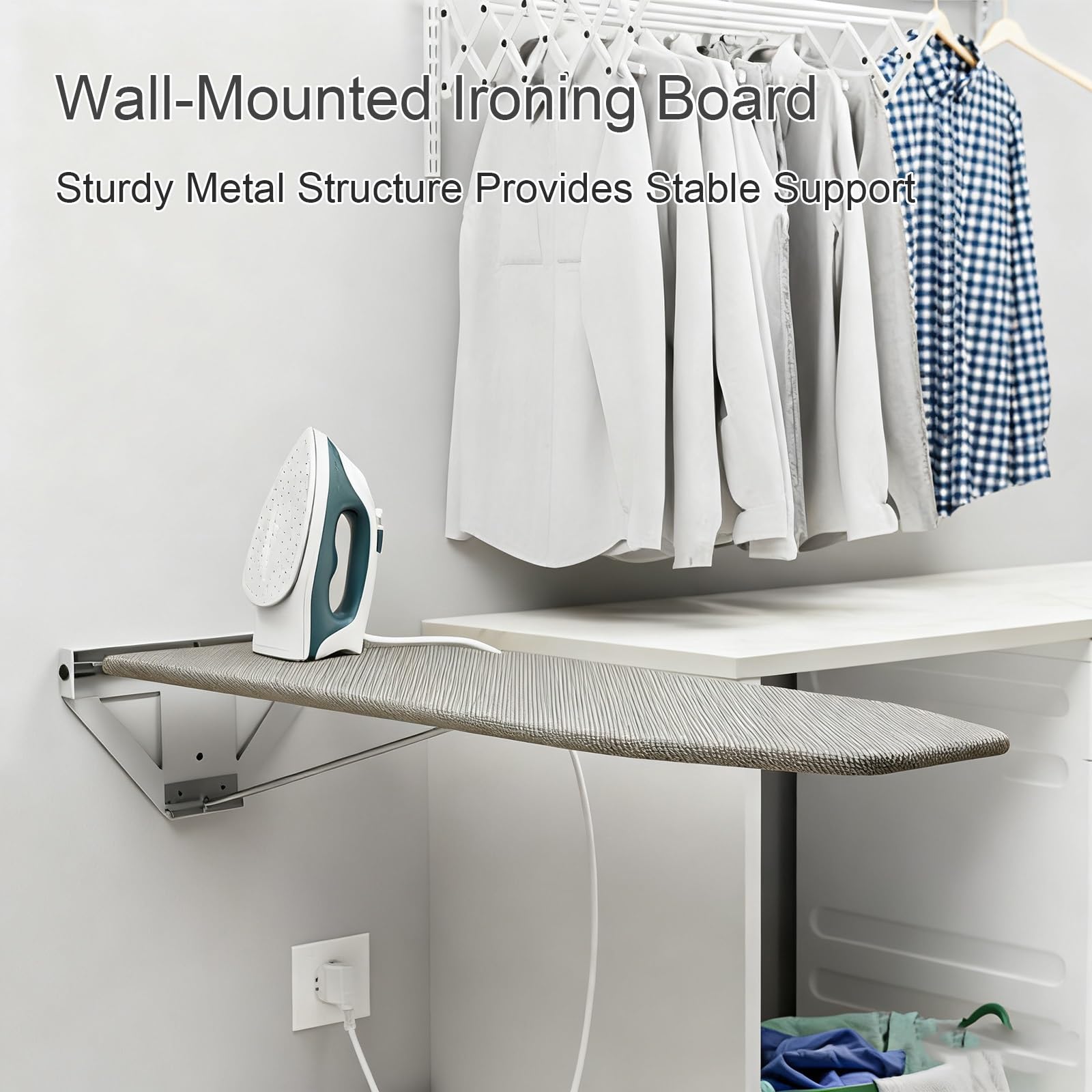Mesa Planchar Plegable de Pared, Compacta y Compacta Tabla de Planchar para Lavandería, Ironing Board con Soporte Metálico