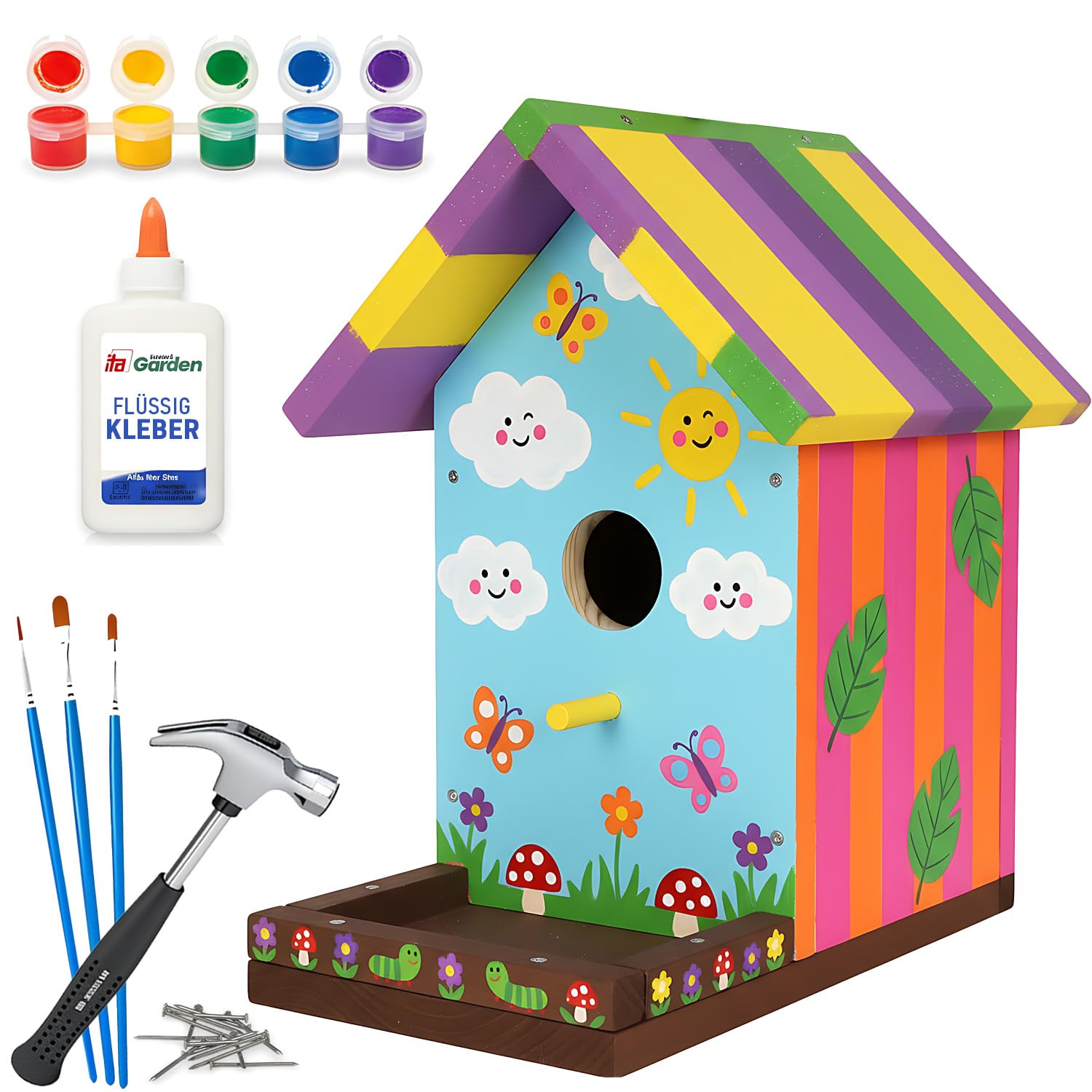 ITA DIY Nistkasten Skylark zum Zusammenbauen und Bemalen, Holz Bastelset für Kinder ab 7 Jahren, mit Hammer, Nägeln, Farben, 3 Pinseln & Schleifpapier, FSC®-zertifiziertes Holz
