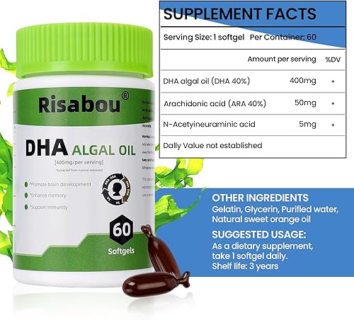 Miniatura 2 de Aceite de algas DHA 400 mg con ARA y SA, 60 cápsulas blandas de aceite de algas veganas  Suplemento DHA Omega 3 a base de plantas, 1 cápsula blanda