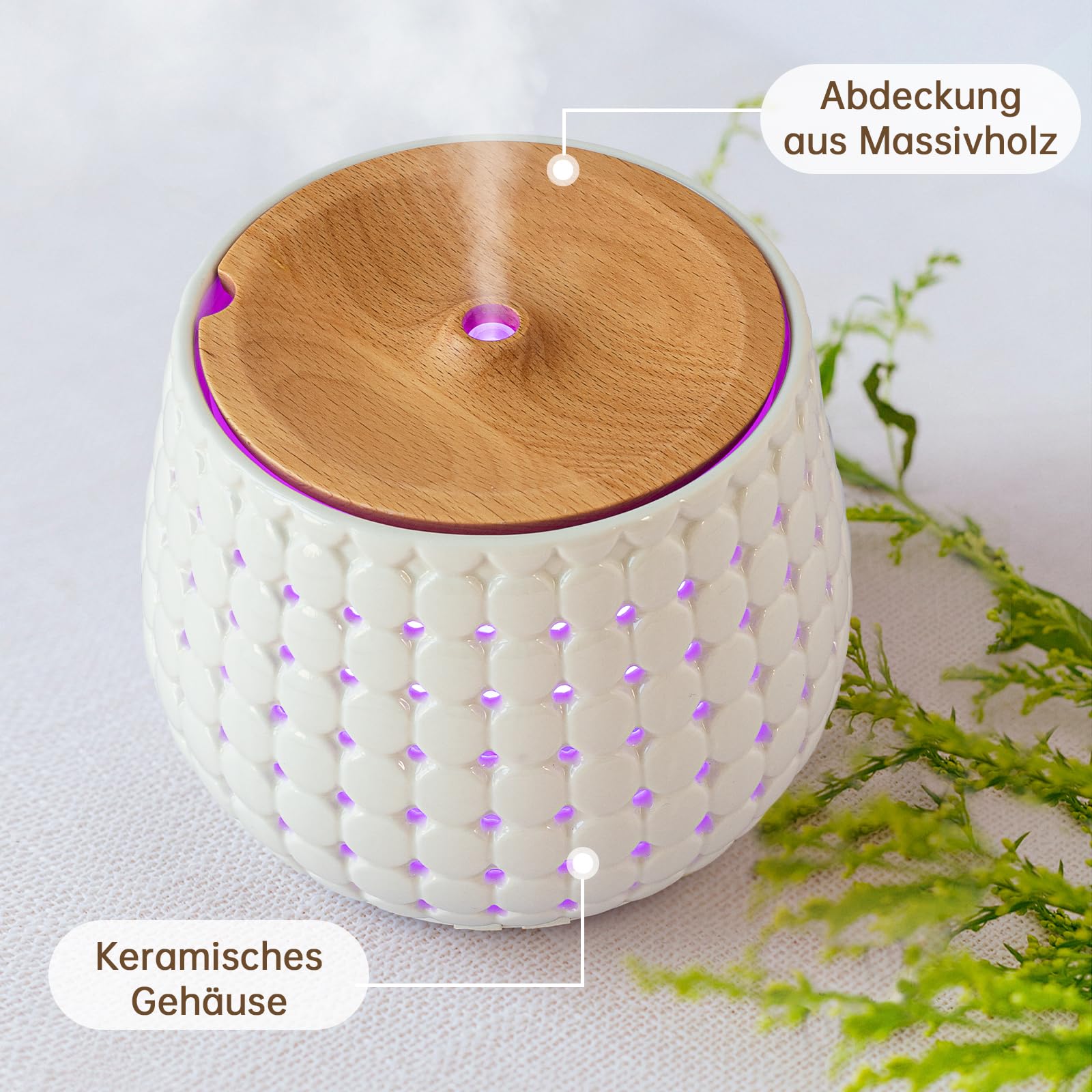 Weißer Keramik-Öl-Diffusor für ätherische Öle großen Raum, 250ml Aromatherapie-Öl-Diffusor kühlen Nebel Luftbefeuchter mit 7 Farben Lichter 2 Nebel-Modi