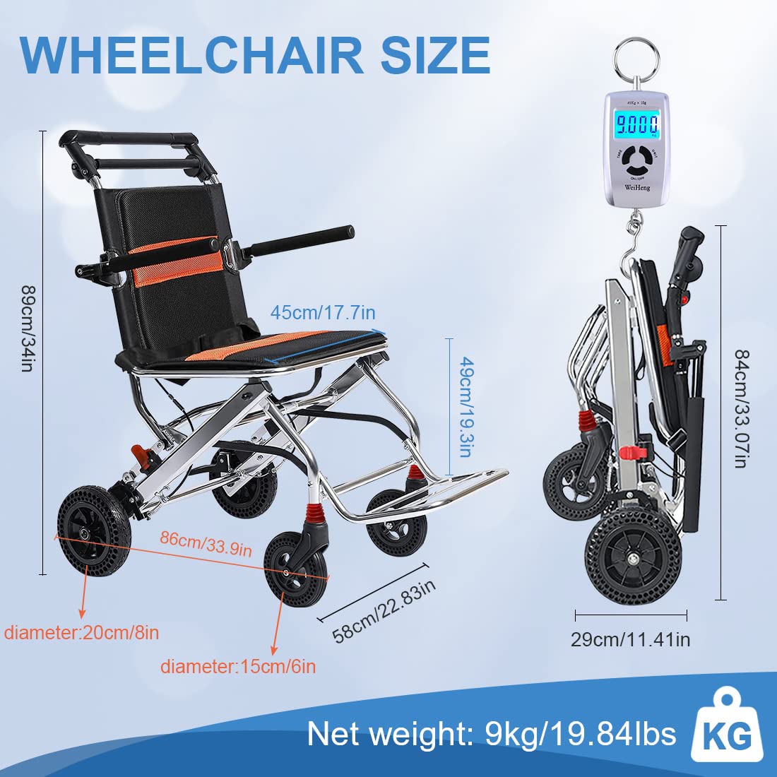 Leichter faltbarer Rollstuhl mit Handbremsen – unterstützt 100 kg, Aluminium-Rollstuhl für Erwachsene und Senioren – Transport Reisen Rollstuhl Trolleys