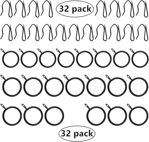 Miniatura 3 de 32 anillos de metal para cortinas y 32 ganchos de metal para cortina de ventana, puerta de ducha, 1.181 in de diámetro interior (negro)