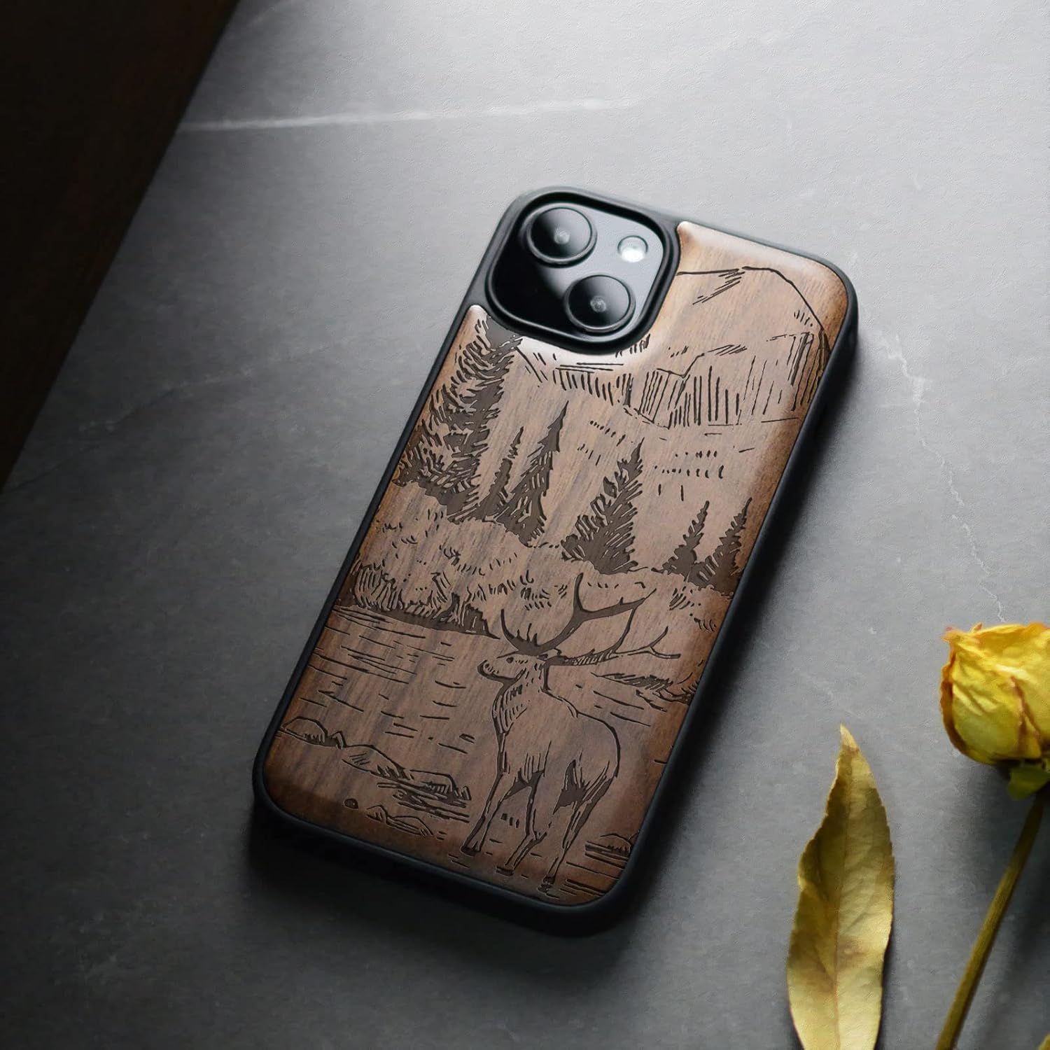 Carveit Magnetic Wood Case for iPhone 13 Mini Case [Natural Wood & Black Soft TPU] Shockproof Protective Cover Unique Wooden Design Compatible with MagSafe (Mountains and Deer -Walnut)