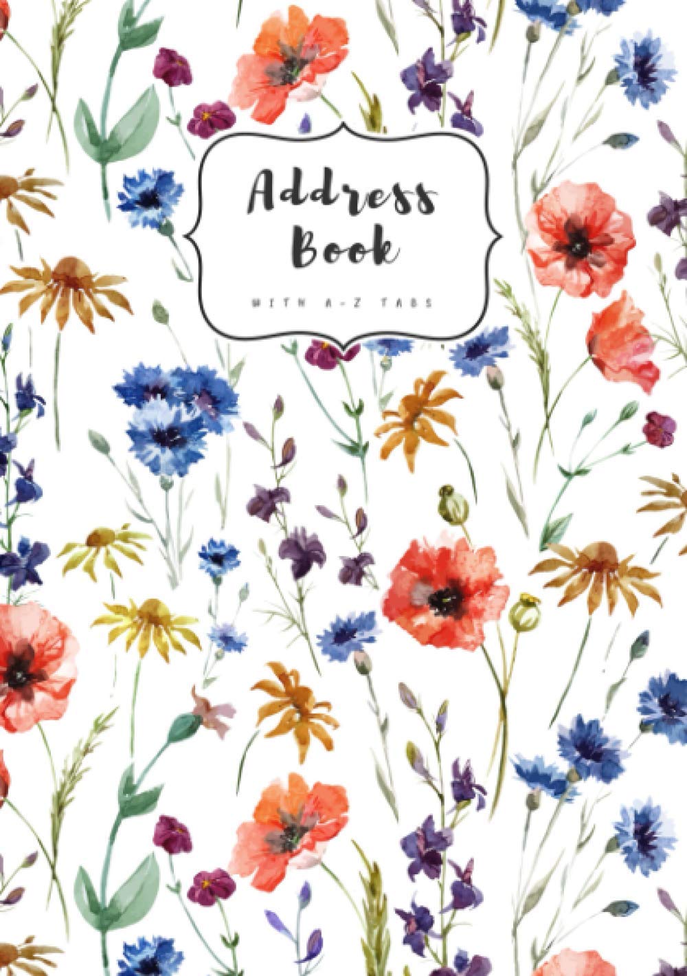 Address Book with A-Z Tabs: A5 Contact Journal Medium | Alphabetical Index | Watercolor Poppy Cornflower Chamomile Design White