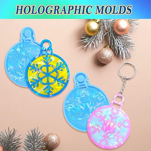 Miniatura 6 de DoreenBow 4 moldes de resina holográfica de Navidad, copos de nieve, adornos de Navidad redondos para resina epoxi para bricolaje, llavero,