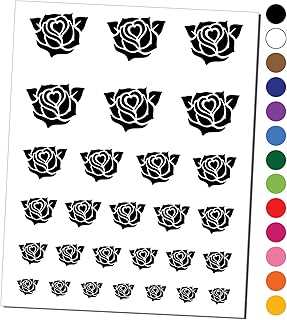 Rose Heart Center Temporary Tattoo Water Resistant Fake Body Art Set Collection - Black (One Sheet)