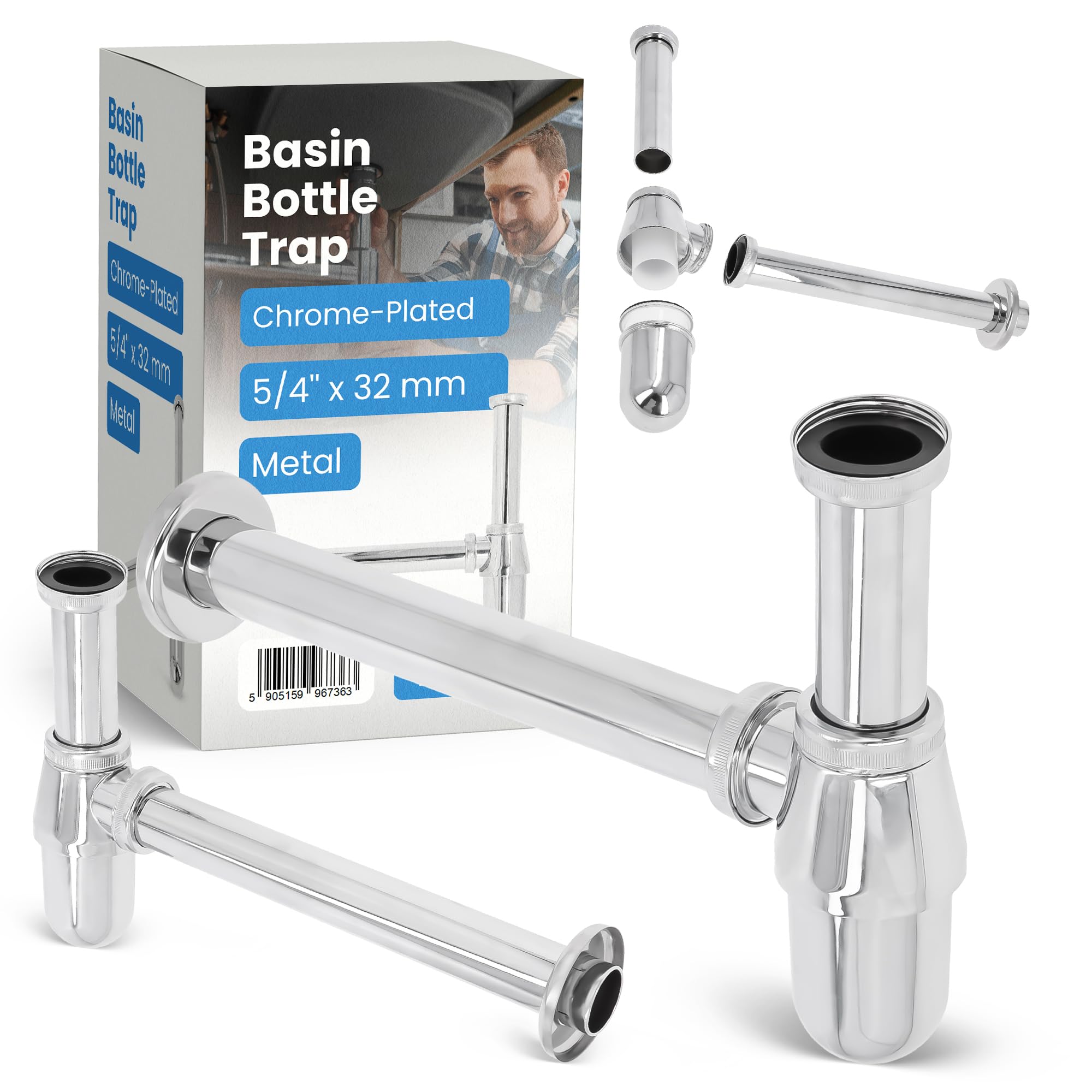 SIPHON DE LAVABO CARRÉ EN FORME DE BOUTEILLE CHROME 1.1/4