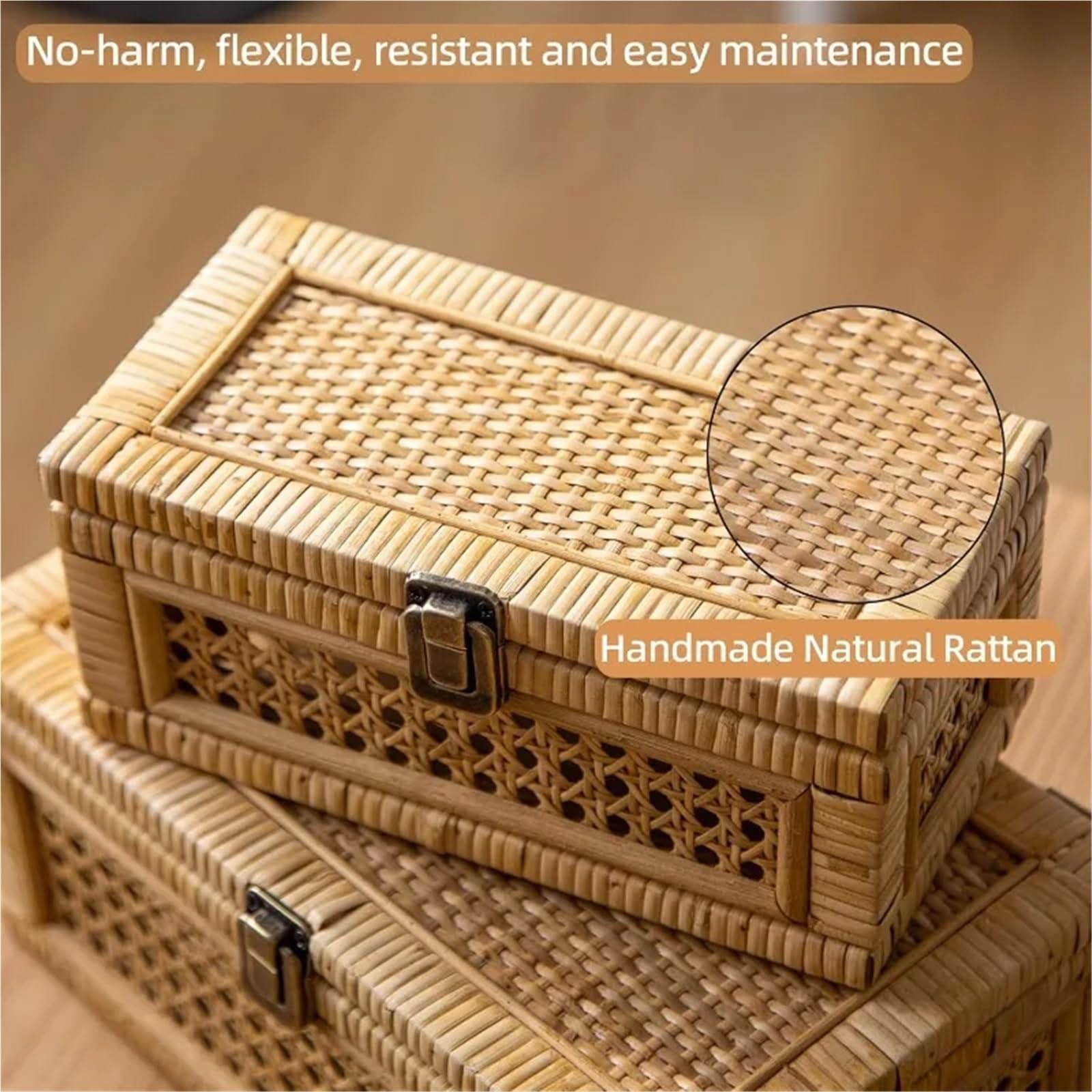 Cesta in rattan Scatola decorativa in rattan, scatole espositive con coperchio, set di 2 cestini portaoggetti rettangolari in vimini, contenitori in canna intrecciata(Round-Brown)