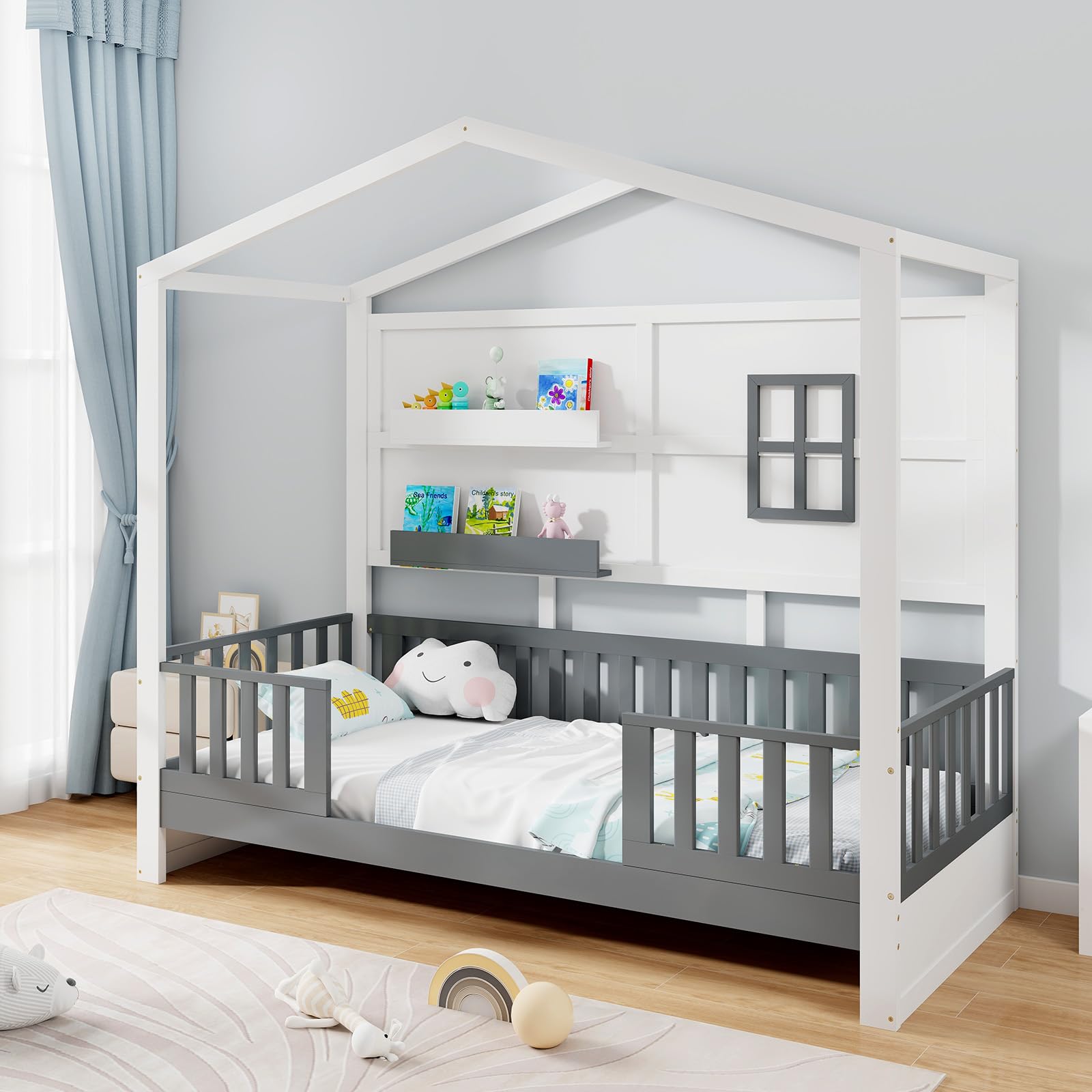 COSTWAY Letto per Cameretta a Forma di Cassetta 90 x 200 cm, per Bambini Struttura di Legno di Pino, Letto Casetta Montessori con 2 Ripiani Mensole e Protezione Anticaduta, Bianco e Grigio