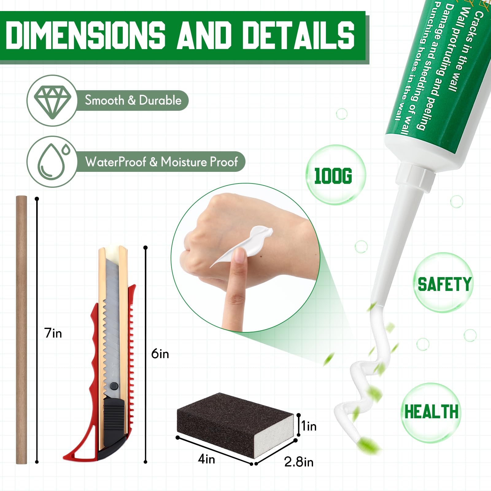 Landical 22 Pcs 12 x12 x1/2 Drywall Repair Kit Drywall Hole Patch Kit Wall Hole Repair Kit with Board Screw Wall Patching Paste to Fill The Holes for Home Wall (Green)