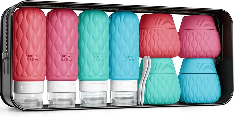 Kit de frascos e potes de silicone para viagem Lericttor, 4 frascos de 100 mL e 4 potes de 50 mL, com acessórios