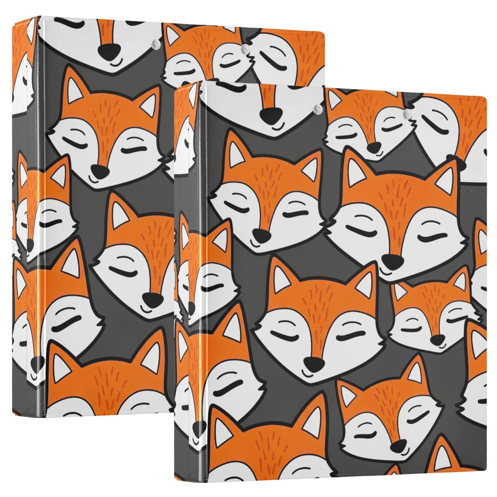 Raccoglitore a 3 anelli, motivo volpi in stile cartone animato, colore arancione, bianco, grigio, con tasche, confezione da 2
