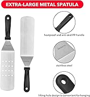 Vista 4 de Skyflame Kit de 3 accesorios para parrilla, juego de espátula/espátula de barbacoa larga profesional de acero inoxidable para parrilla plana Hibachi