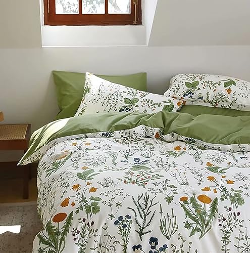 Miniatura 2 de Juego de edredón botánico tamaño Queen, color blanco y verde salvia, juego de ropa de cama floral con patrón de jardín impreso en blanco, manta