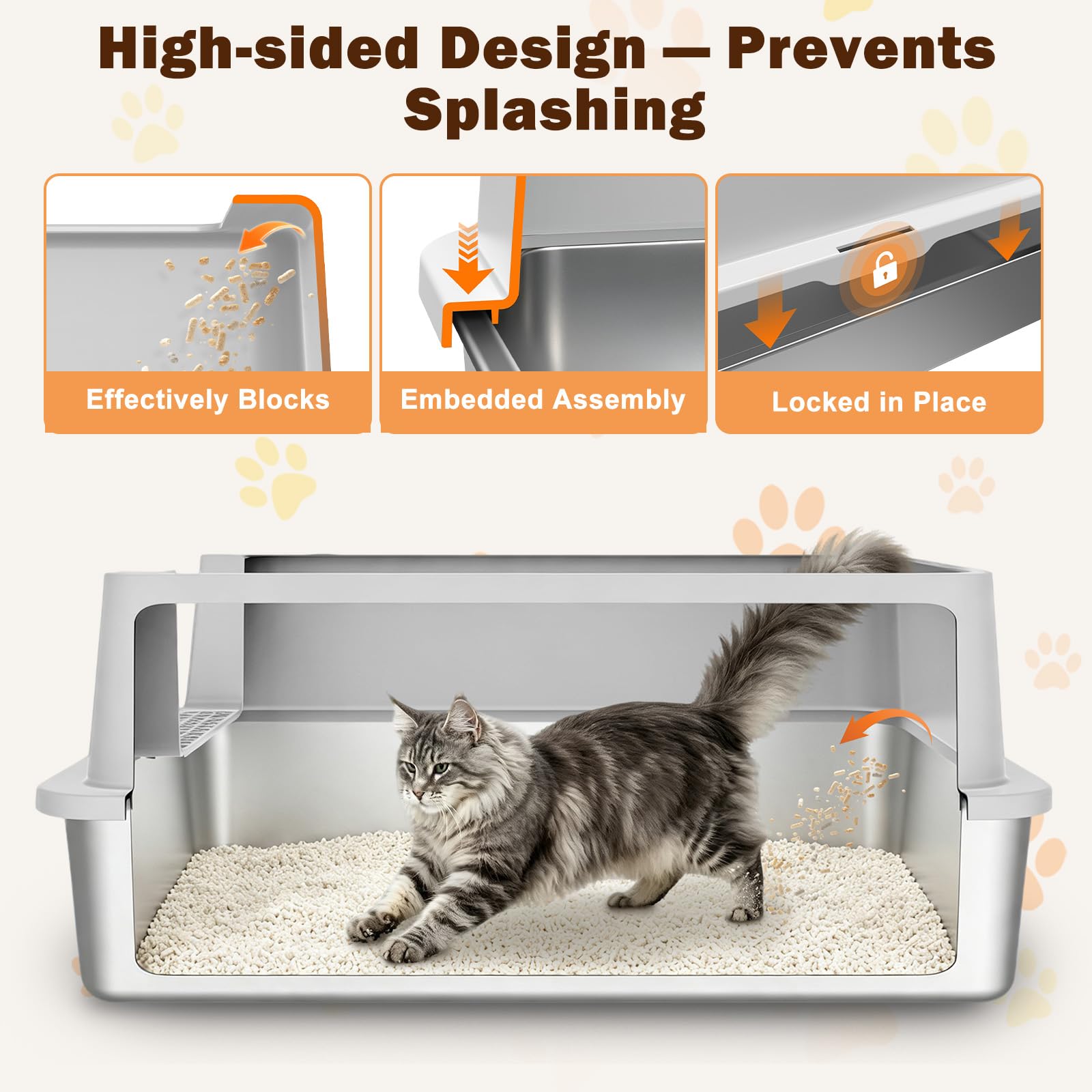 AIPERRO Caja de arena extragrande de acero inoxidable para gatos grandes y gatos múltiples, cajas de metal jumbo con tapa de lado alto, antifugas de orina, antiadherente, incluye pala de arena (gris