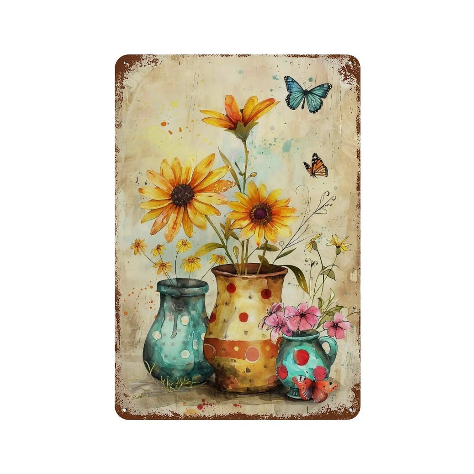 YHGERTKU Watercolor Three Potted Flowers Colorful Butterfly 01 Wall Art Retro Iron Vintage Metal Tin Sign Poster Modern Decor for Living Rooms Gift 30x20cm