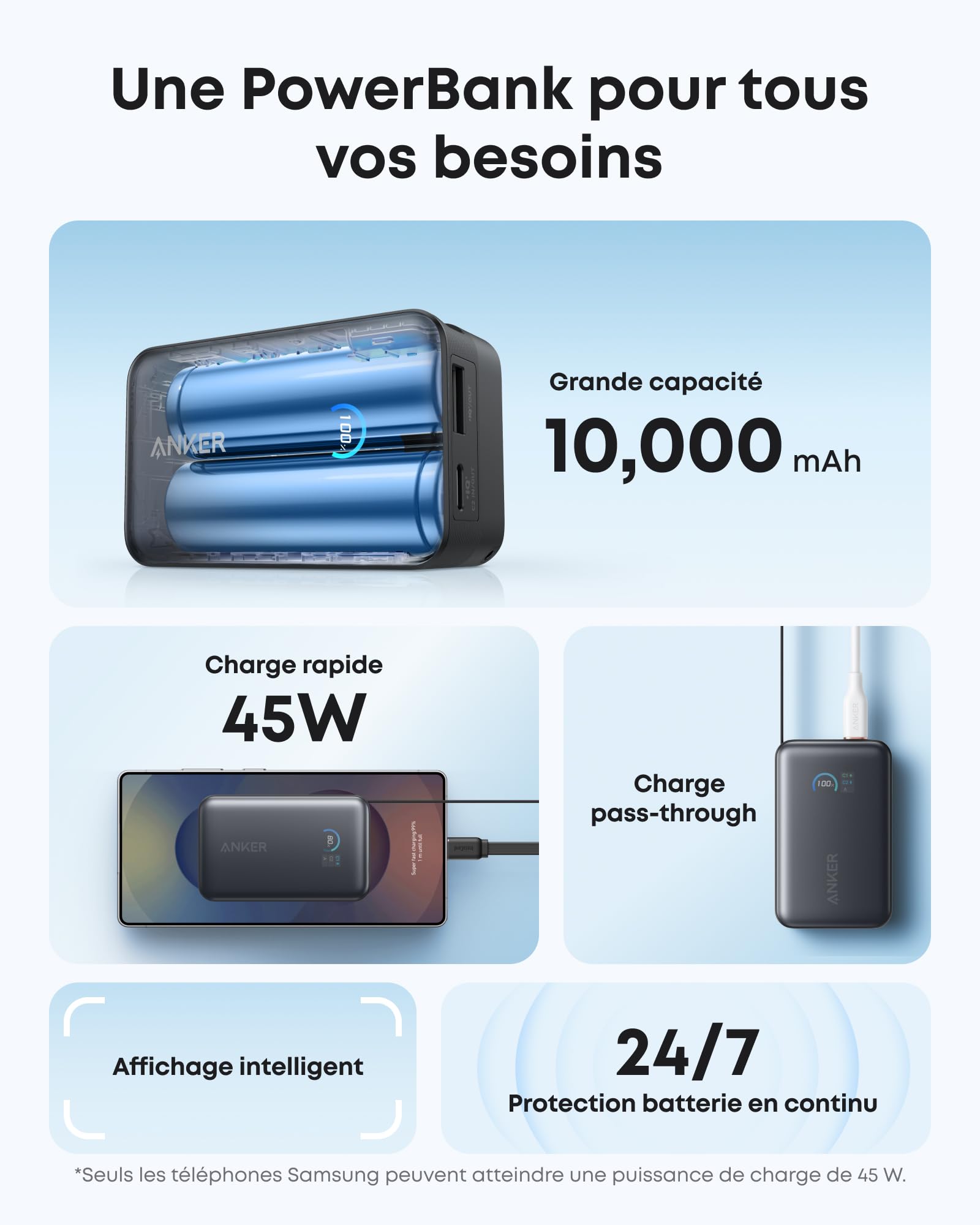 Anker Nano Batterie Externe 10000 mAh avec Câble Rétractable InstaCord 70 cm, Banque d’Alimentation Compacte 45 W Max Power Bank, Affichage Intelligent, pour iPhone 17 16 15, iPad, Galaxy, Pixel