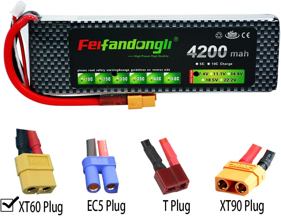 Feifandongli Rc Lipo Battery Pack 7.4V 2S 4200mah 30C XT60 Plug Connector for RC Airplane RC Helicopter RC Car RC Boat Remote Control Drone FPV and Hobby DIY Parts