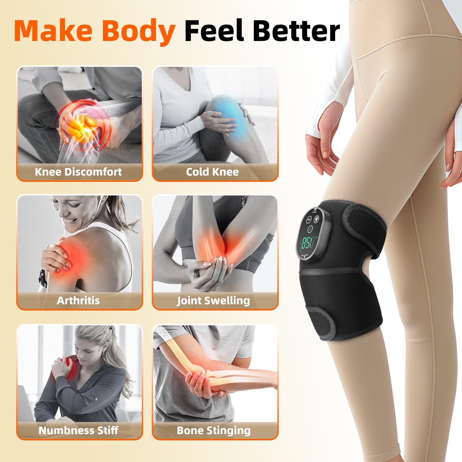 Knie Massagegerät Kabelloser mit 3 Vibration 6 Heizstufen 3 Timer Schwarz | Kniewärmer Massage mit 3000mAh, Massage Heizkissen für Knie Schulter Ellenbogen, kniemassagegerät Geschenk für Vater Mutter