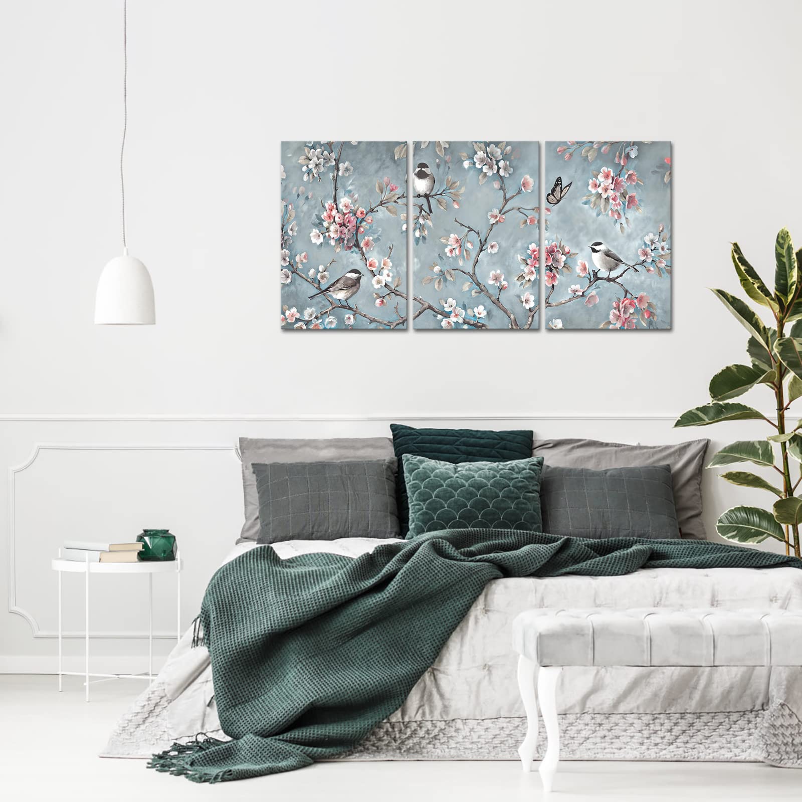 YeiLnm Bird Floral Canvas Wall Art Birds on Tree Branch Picture Pink Flower Painting Artwork Framed for Home Kitchen Living Room Bedroom Wall Decorations Ready to Hang