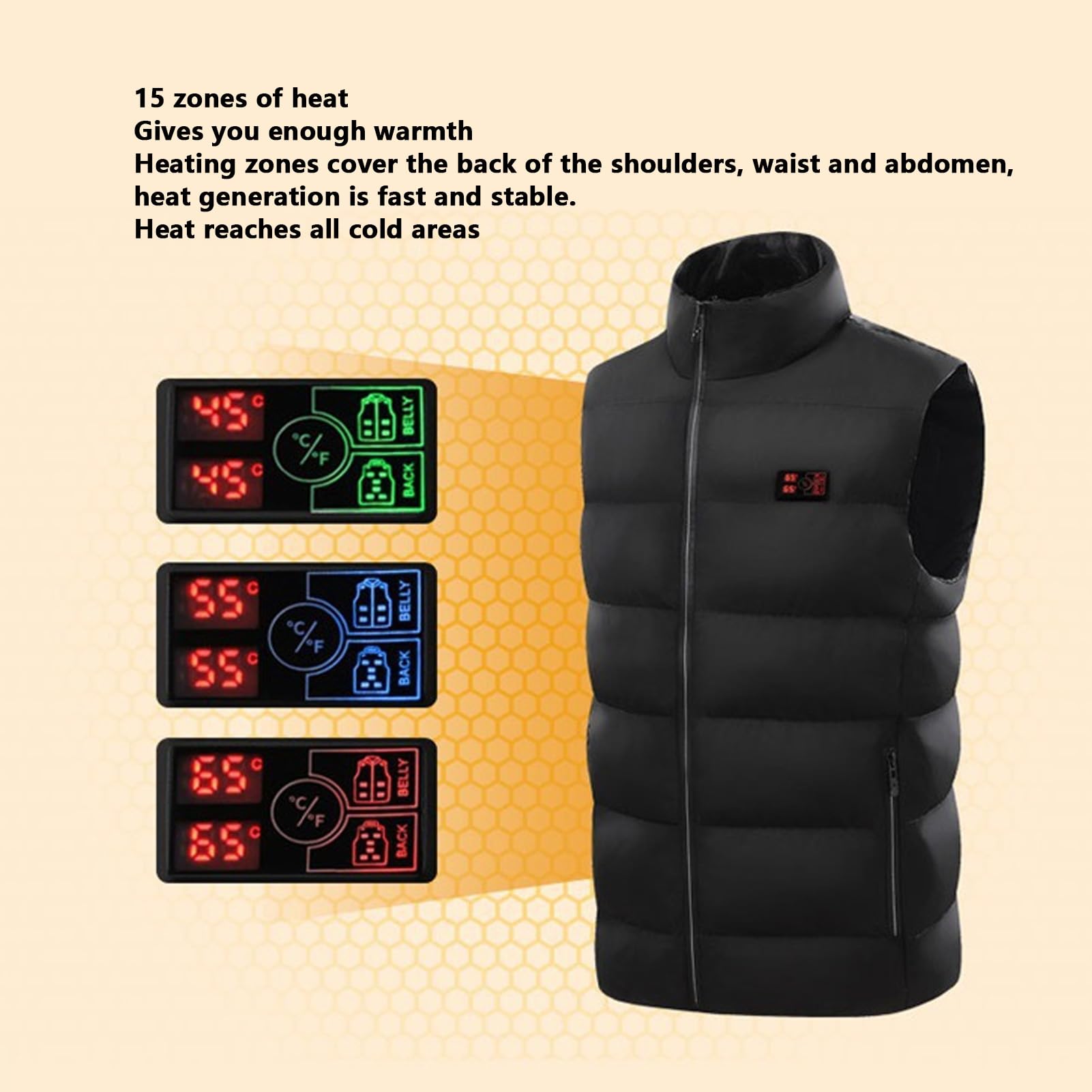 Tbest Gilet Chauffant, USB épaissir 15 Zones Gilets Chauffants électriques Veste Chauffante électrique Gilet pour la Randonnée Ski Travail en Plein Air Noir