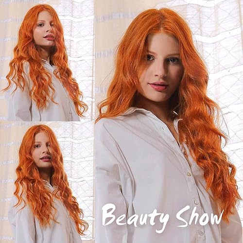 Miniatura 5 de AISI HAIR - Peluca larga de cabello ondulado para mujer, color pelirrojo anaranjado o castaño rojizo, partición en medio, fibra sintética y