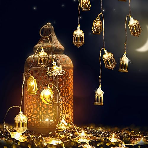 Miniatura 4 de Guirnalda de 20 luces LED Eid Mubarak Ramadán, funciona con pilas, farol de luna Mubarak, decoración para el hogar (farol)