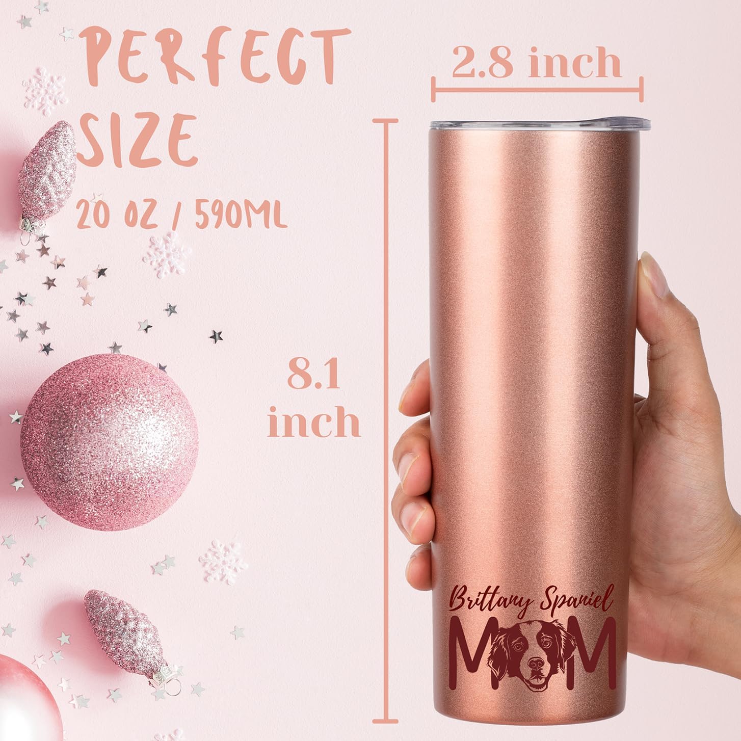 Brittany Spaniel Mom Tumbler 20oz Stainless Steel Rose Gold Insulated Lid & Straw