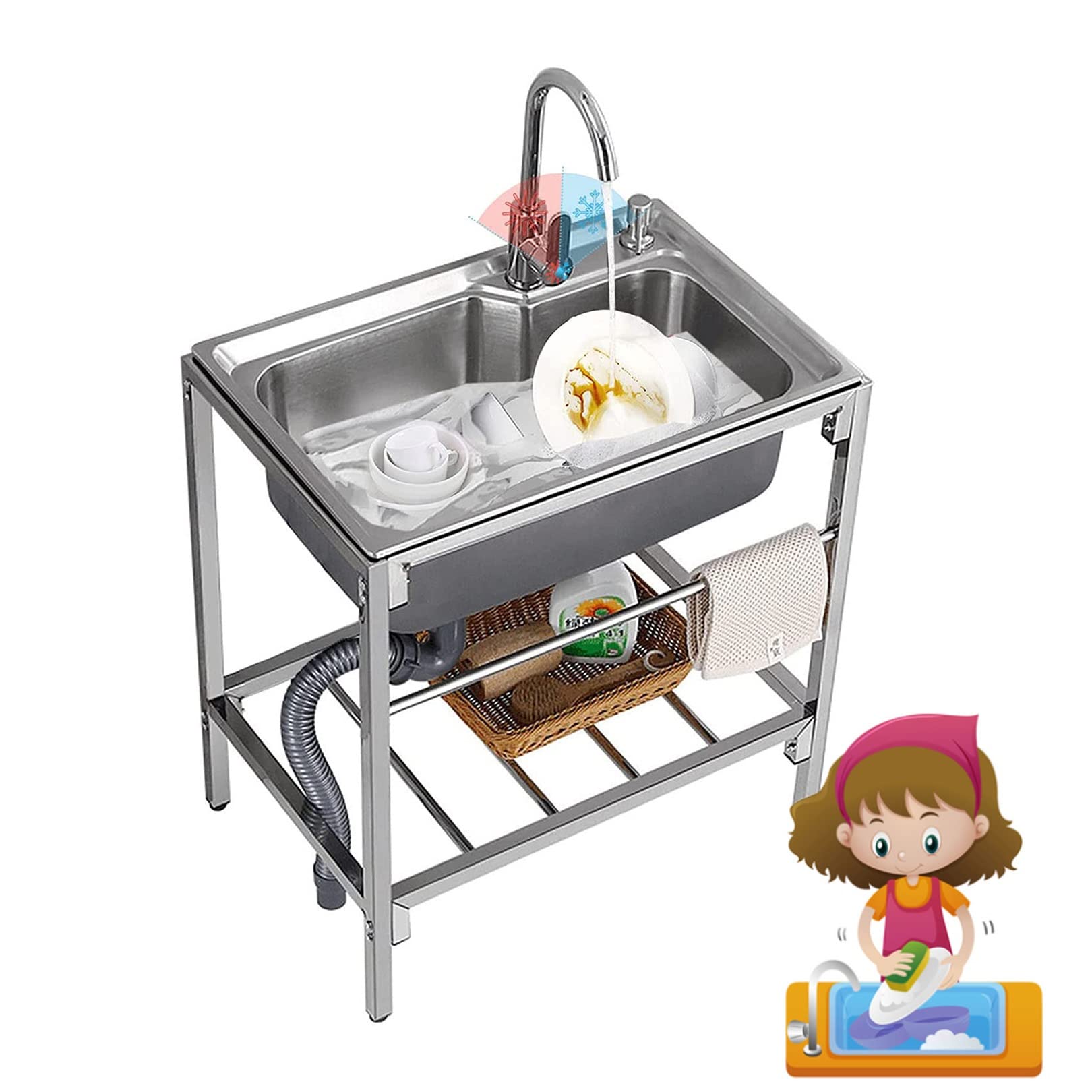 Évier simple autoportant en inox 304 compact avec égouttoir