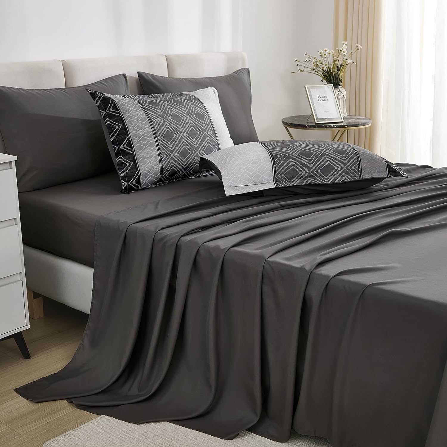 Dinjoy Black/Gray King Size Comforter Set, Warm Boho Bed in a Bag King 7 Pieces Fall Striped Bedding Mens Comforters Sets Patchwork Bed Sets Complete Decor for Women Winter - Image 5