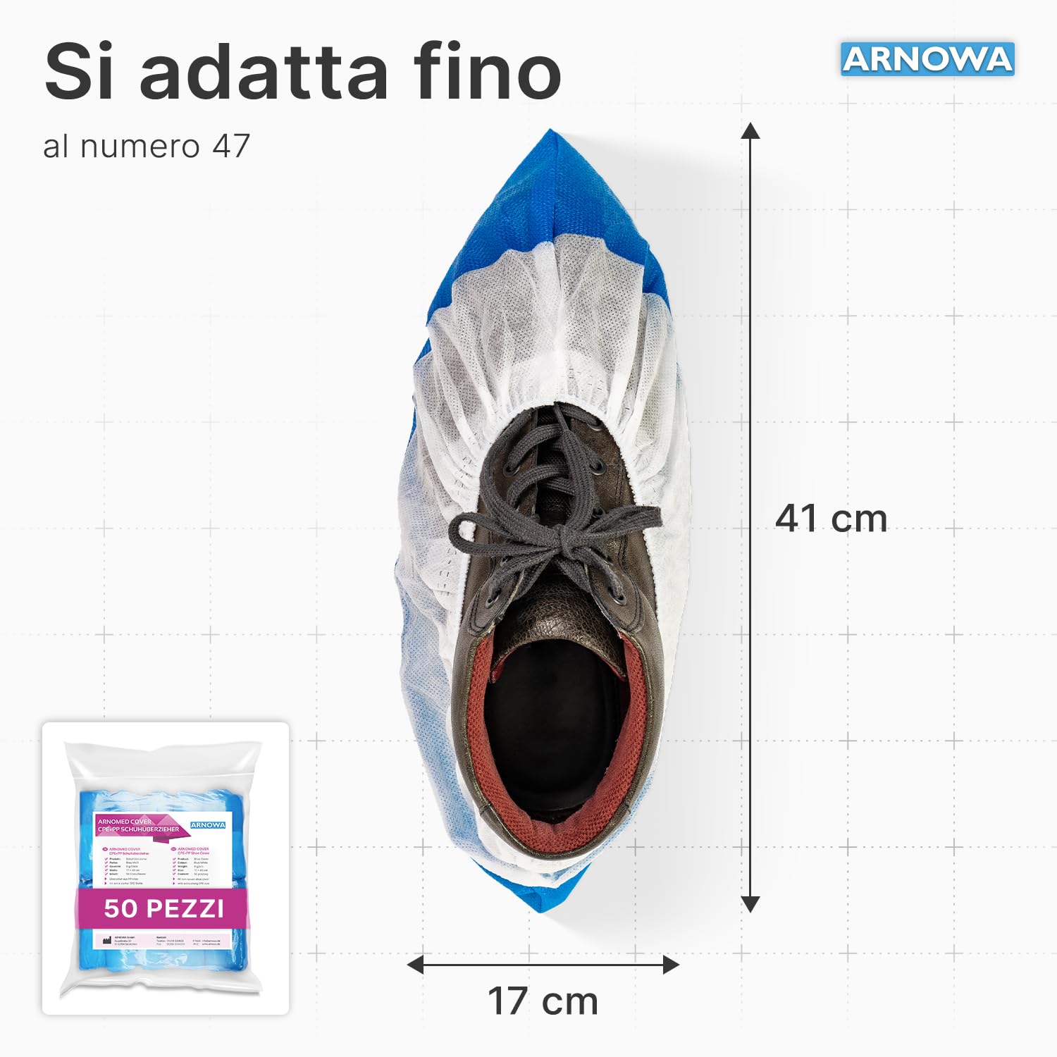 ARNOMED Copriscarpe monouso CPE PP 50 pezzi 17x40cm calzari usa e getta bianchi suola CPE blu taglia unica
