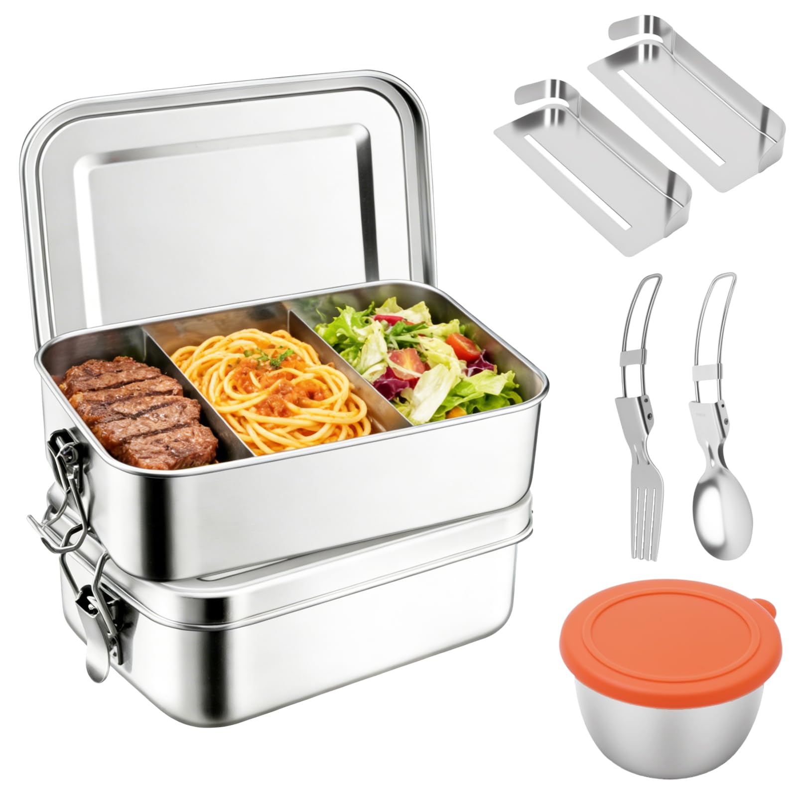 Lot de 2 grandes boîtes à déjeuner Bento en acier inoxydable avec couverts, 1400 ml avec compartiment amovible, portable, étanche, pour adultes, enfants, école, maison, bureau