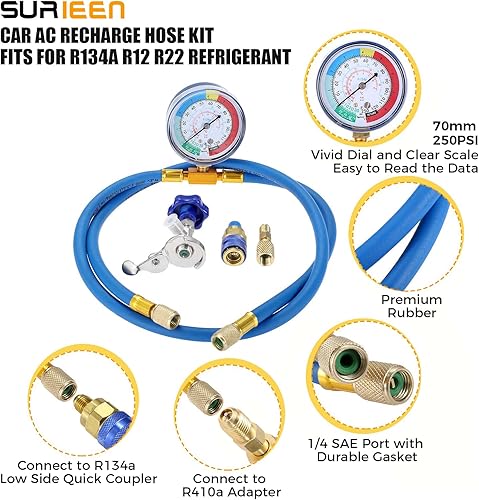 Miniatura 3 de Kit de manguera de recarga R134A R12 R22 con calibre, kit de manguera de carga de refrigerante de CA de 51 pulgadas con válvula de grifo