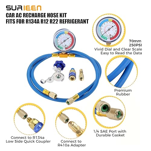 Miniatura 3 de R134A manguera de carga AC puede golpear con manómetro, kit de manguera de recarga de refrigerantefreón 14 "puerto SAE para el hogar y el aire
