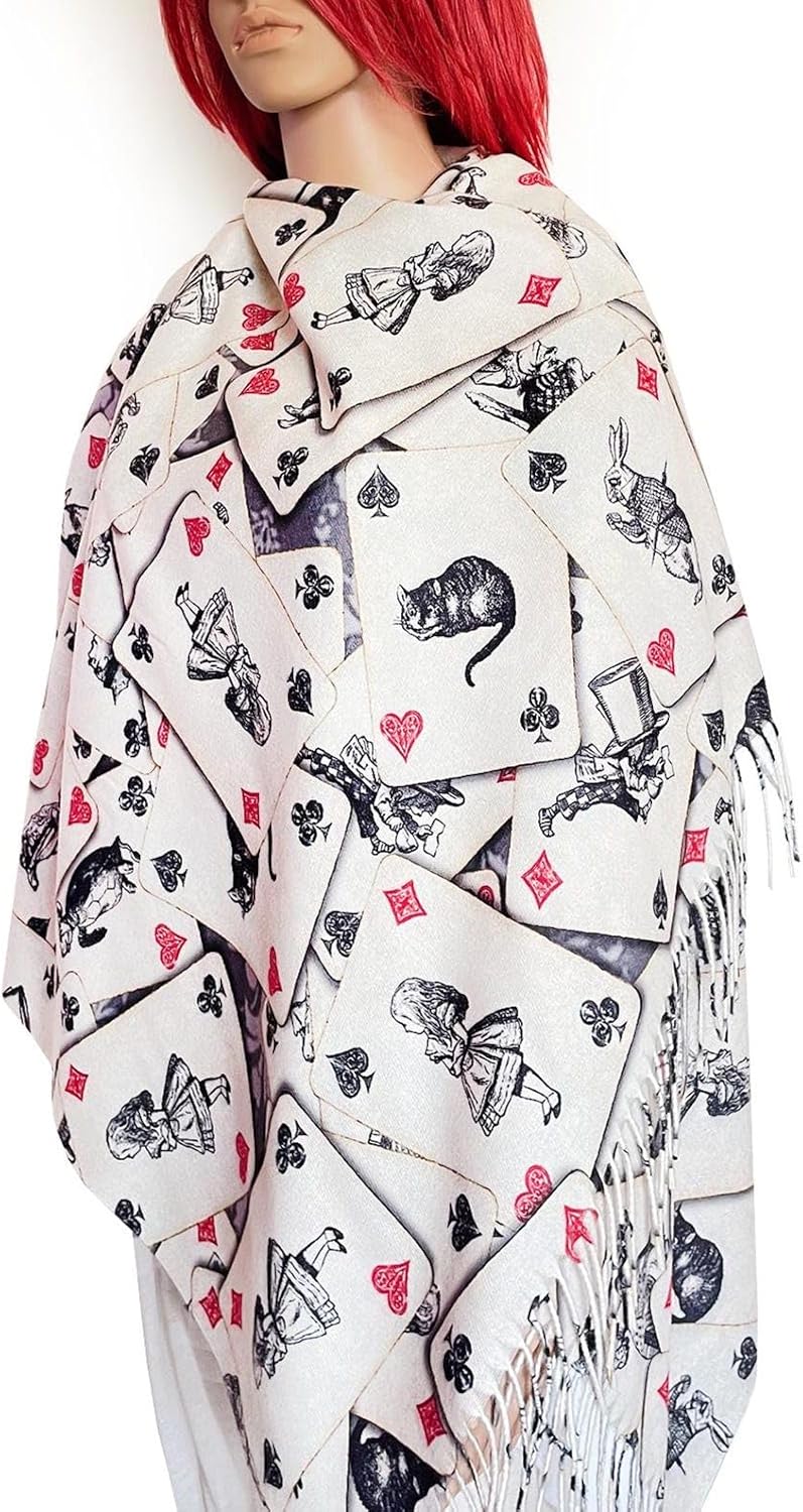 Rodaruus Alice in Wonderland Playing Card Scarf, Literary Gift for Book Lovers, Cozy Wrap Featuring Alice, Mad Hatter, White Rabbit, Cheshire Cat - Image 4