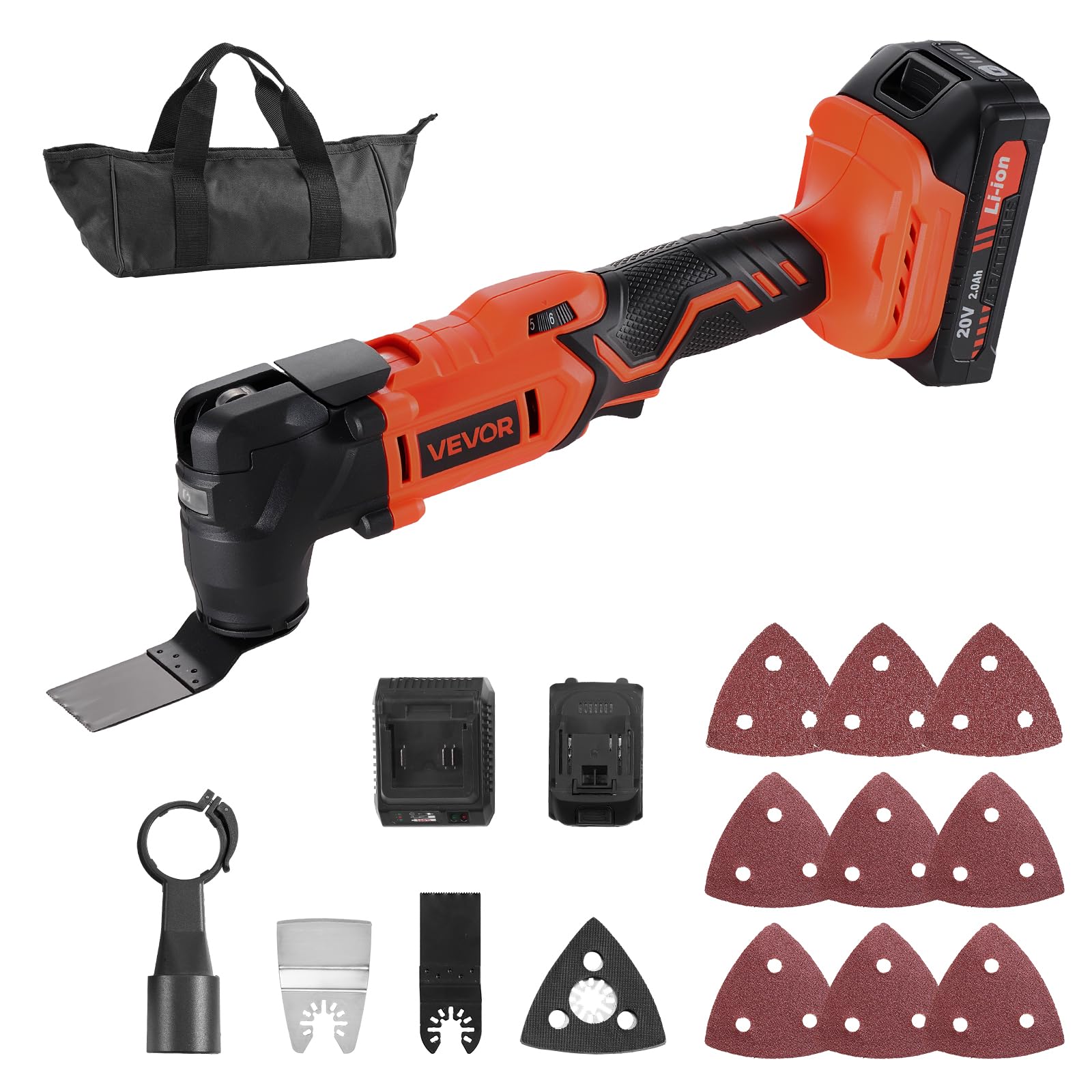 VEVOR Cordless Oscillating Tool, 20V Oscillating Multi Tool Kit with 6 Variable Speeds 8500-17000 OPM, 3.2° Oscillation Angle, 2.0Ah Battery Pack & C