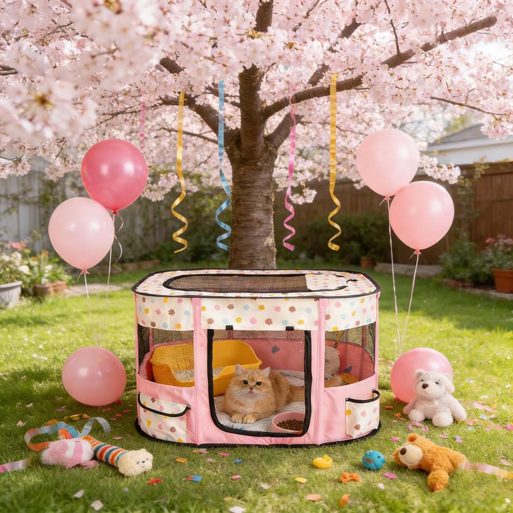 Niche Portable pour Animaux domestiques 80x60x55cm,Pliable,Rectangulaire,Niche pour Chat,Niche fermée,avec Sac de Transport (Rose)