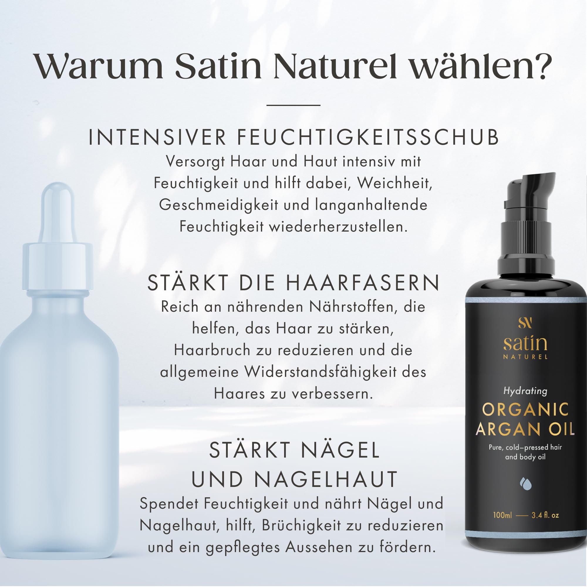 Satin Naturel Bio Arganöl 100ml – 100% Reines Kaltgepresstes Öl – Natürliches Pflegeöl für Haare, Haut, Nägel & Bart – Haaröl gegen Trockenes Haar & Kopfhaut, Zertifiziert Organisch