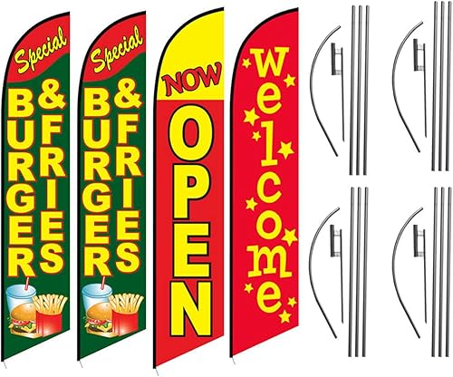 Burgers Fries Now Open - Kit de bandera de plumas de bienvenida para restaurantes. 4 kits de bandera Swooper con postes de bandera y estacas de disponible en Yaxa Guatemala