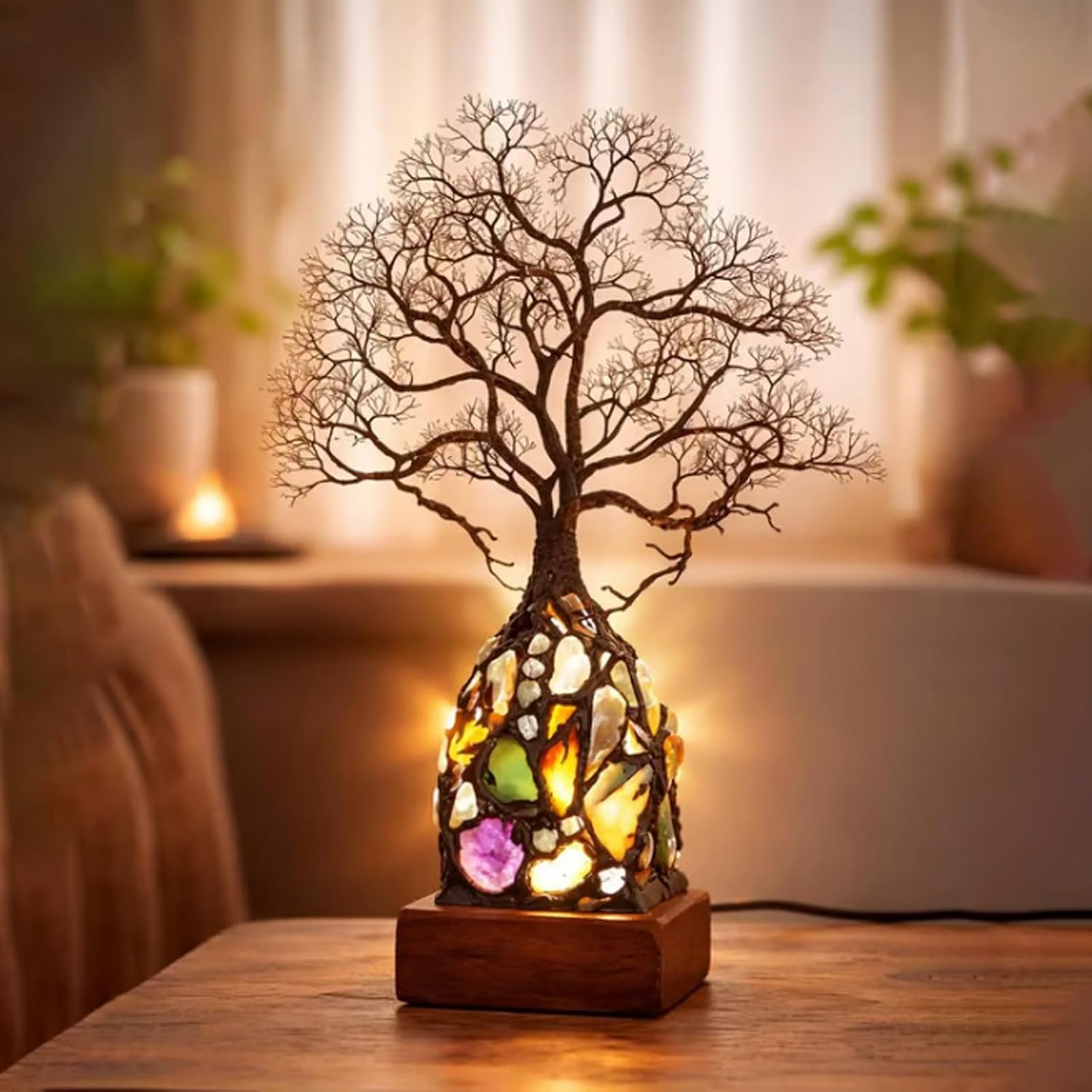 Tree of Life Crystal Projection Night Light, Warm LED Wooden Base Desk Wall Lamp, Home Decor Gift for Birthday Housewarming (Brown)