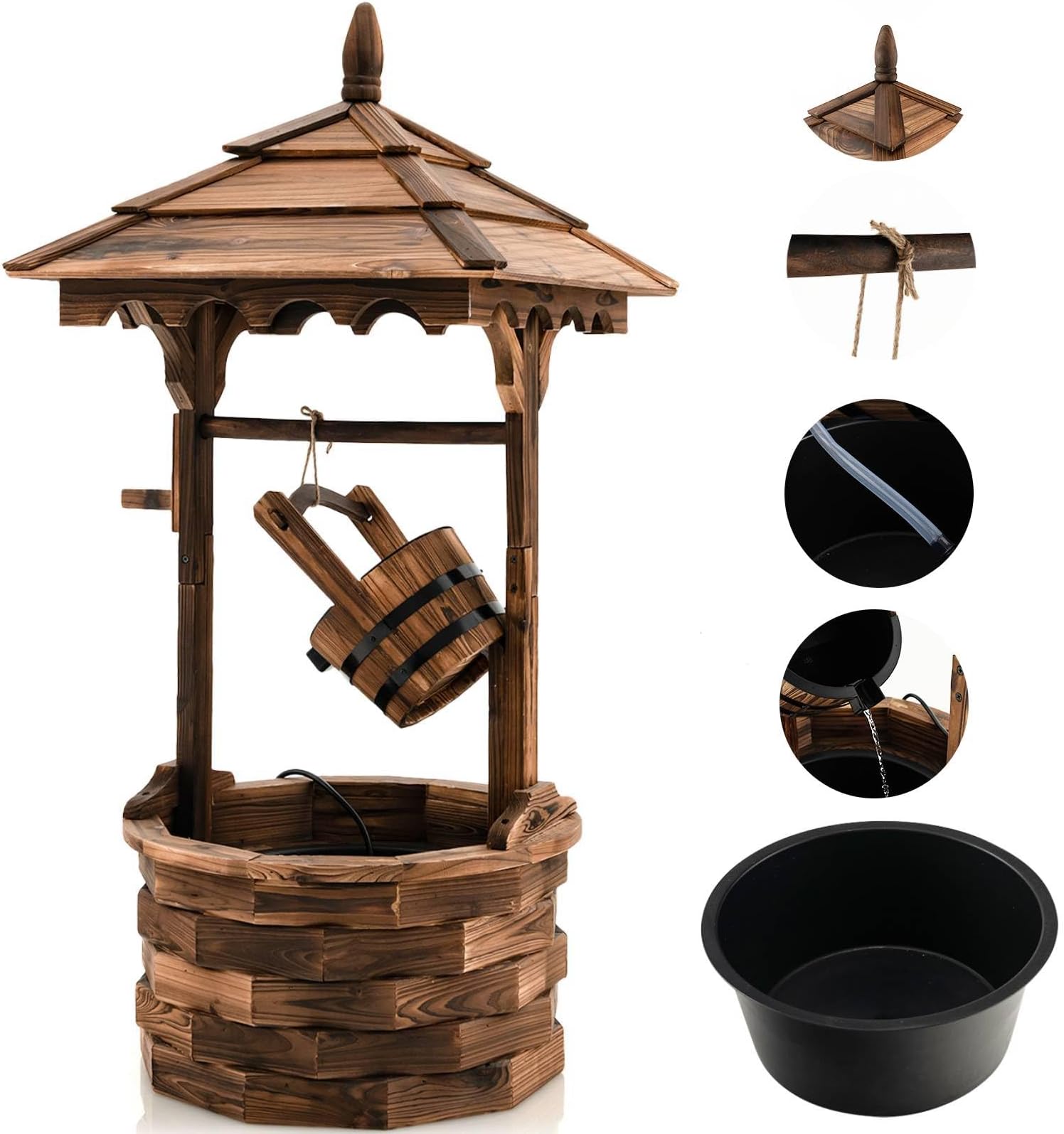 TANGZON Wood Garden Wishing Well, Fountain Barrel Well Container with Electric Pump, 5 Adjustable Flow Rates, 12.1L Water Bucket, Ornamental Decorative Fountain for Patio Yard