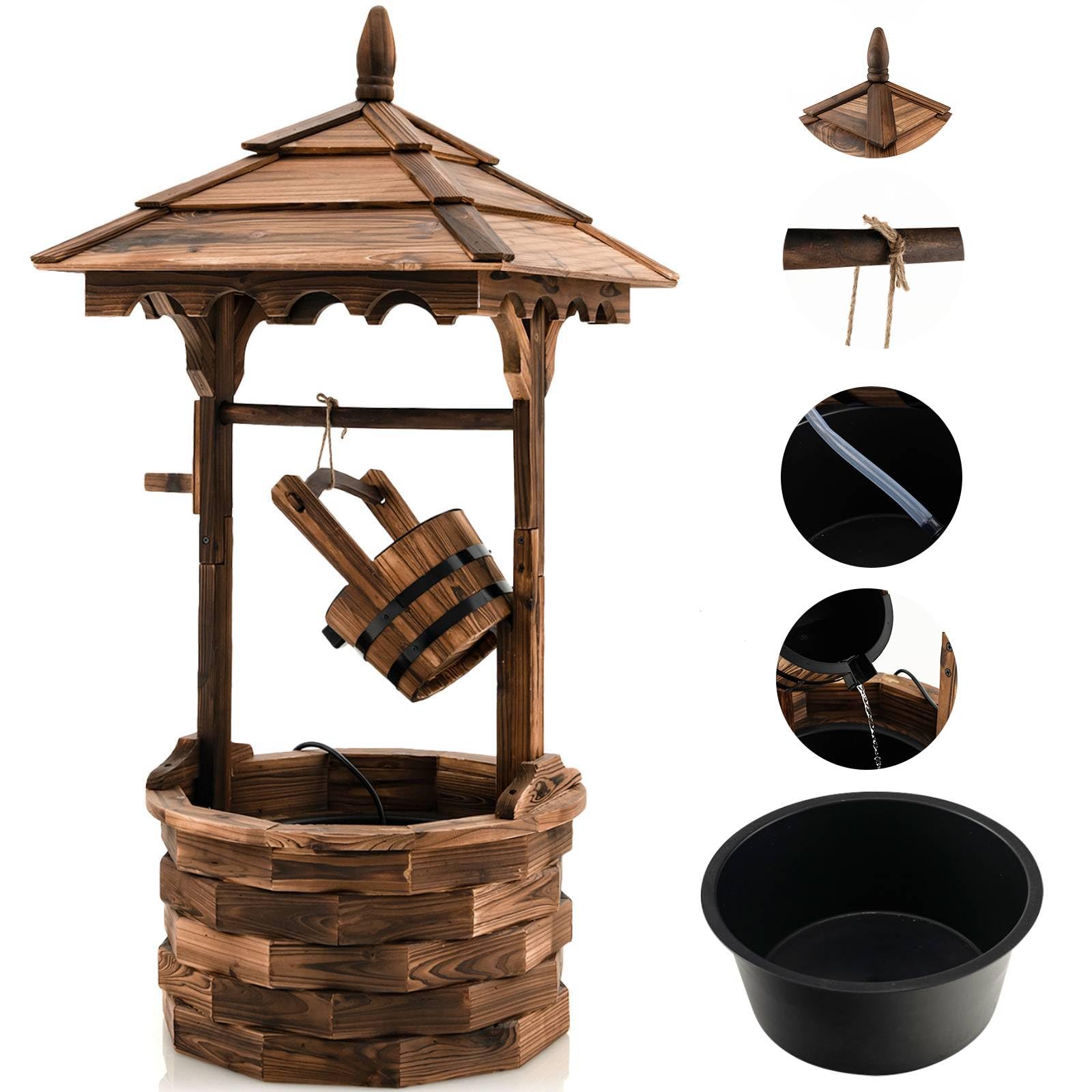 TANGZON Wood Garden Wishing Well, Fountain Barrel Well Container with Electric Pump, 5 Adjustable Flow Rates, 12.1L Water Bucket, Ornamental Decorative Fountain for Patio Yard