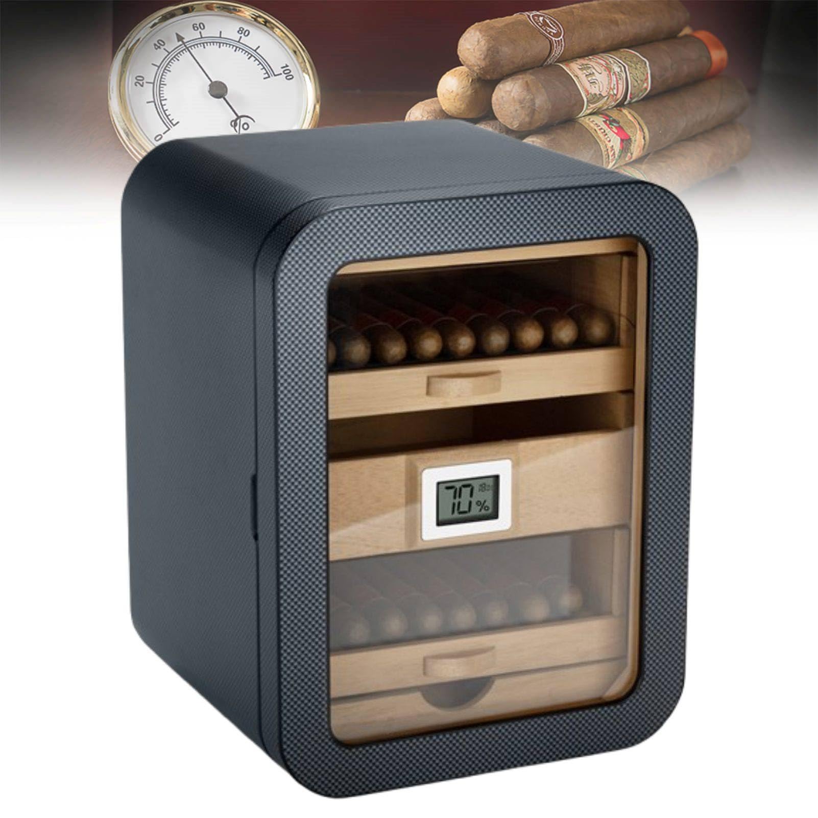 MhWrughts Cigar Humidor Cabinet 110 Cigars, Walnut Wood Storage Box with Digital Hygrometer, Cedar Wood Humidor with Humidifier, Glass Door Display for Home Lounge Club CarbonFiber-A