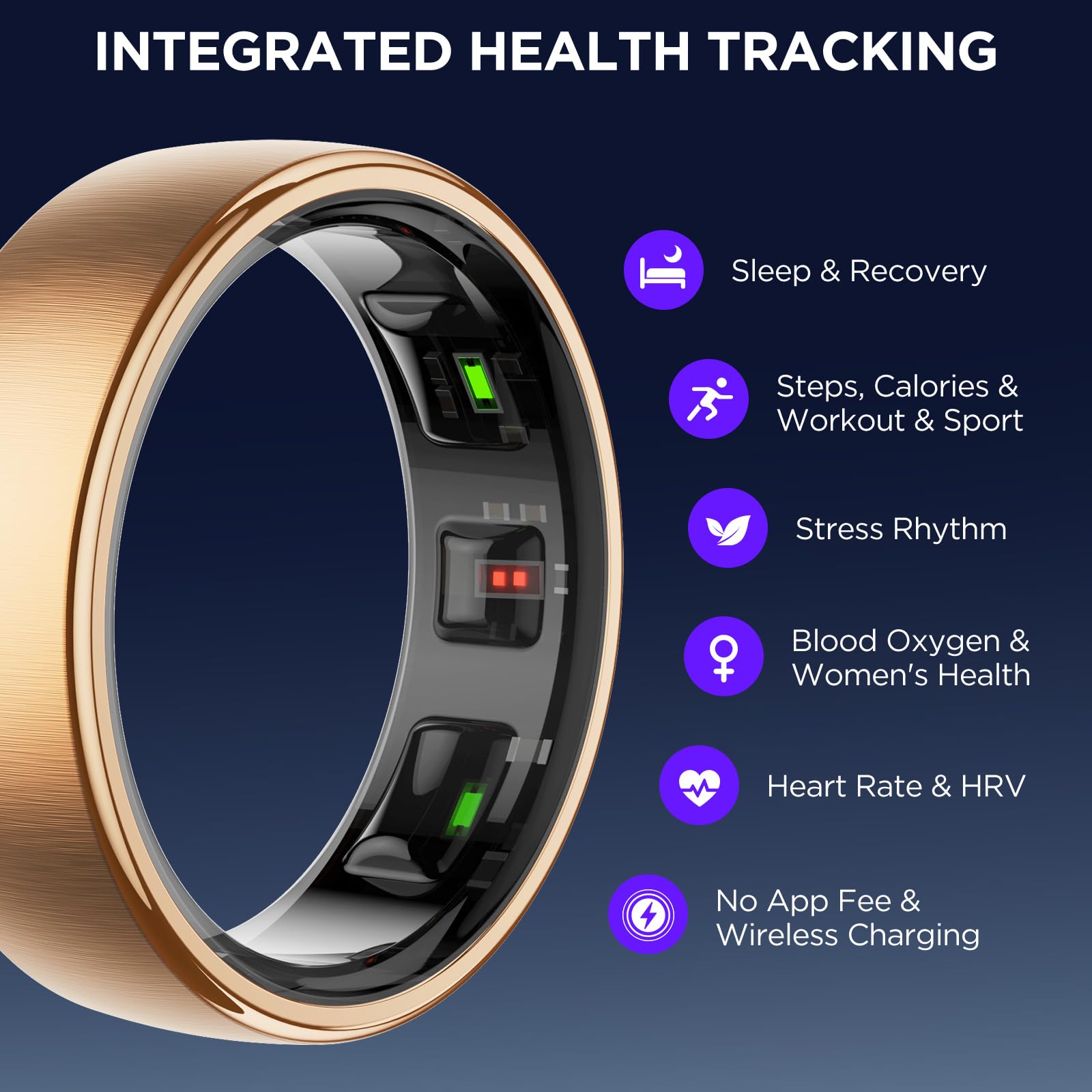 Rastreador de fitness con seguimiento del sueño, anillo inteligente para mujeres y hombres, rastreador de actividad, monitor de frecuencia cardíaca 24/7, contador de pasos, podómetro de calorías, sin