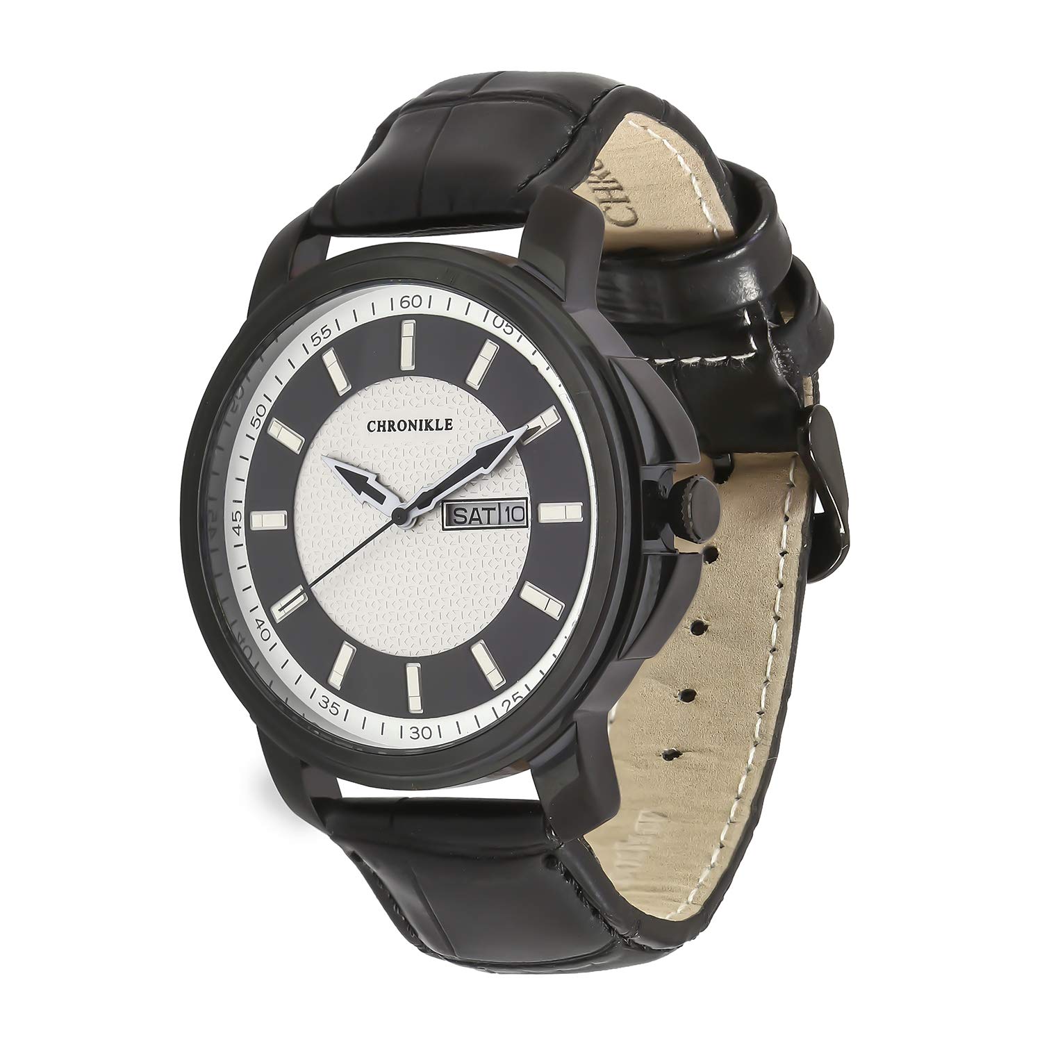 CHRONIKLE Unique Designer Mens Wrist Watch (Dial Color:White,Black | Band Color: Black, Leather Strap) (B07MCLQYY6) Amazon Price History, Amazon Price Tracker