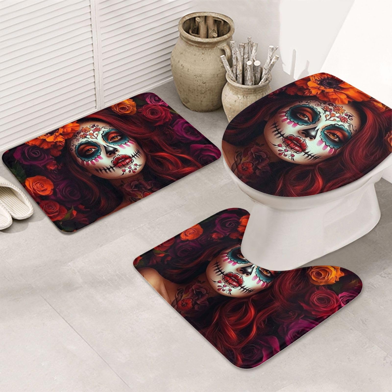 Alfombrilla de baño calavera de caramelo set 3 piezas lavable lavadora textil