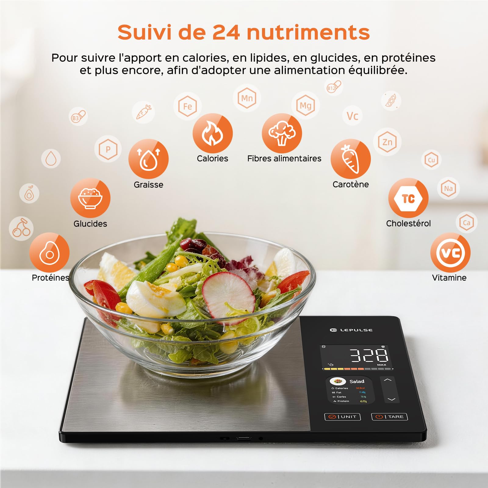 Balance de cuisine numérique avec calcul nutritionnel, écran couleur TFT | Balance alimentaire intelligente, 24 analyses, calories Bluetooth, 50 analyses hors ligne et analyse illimitée des calories