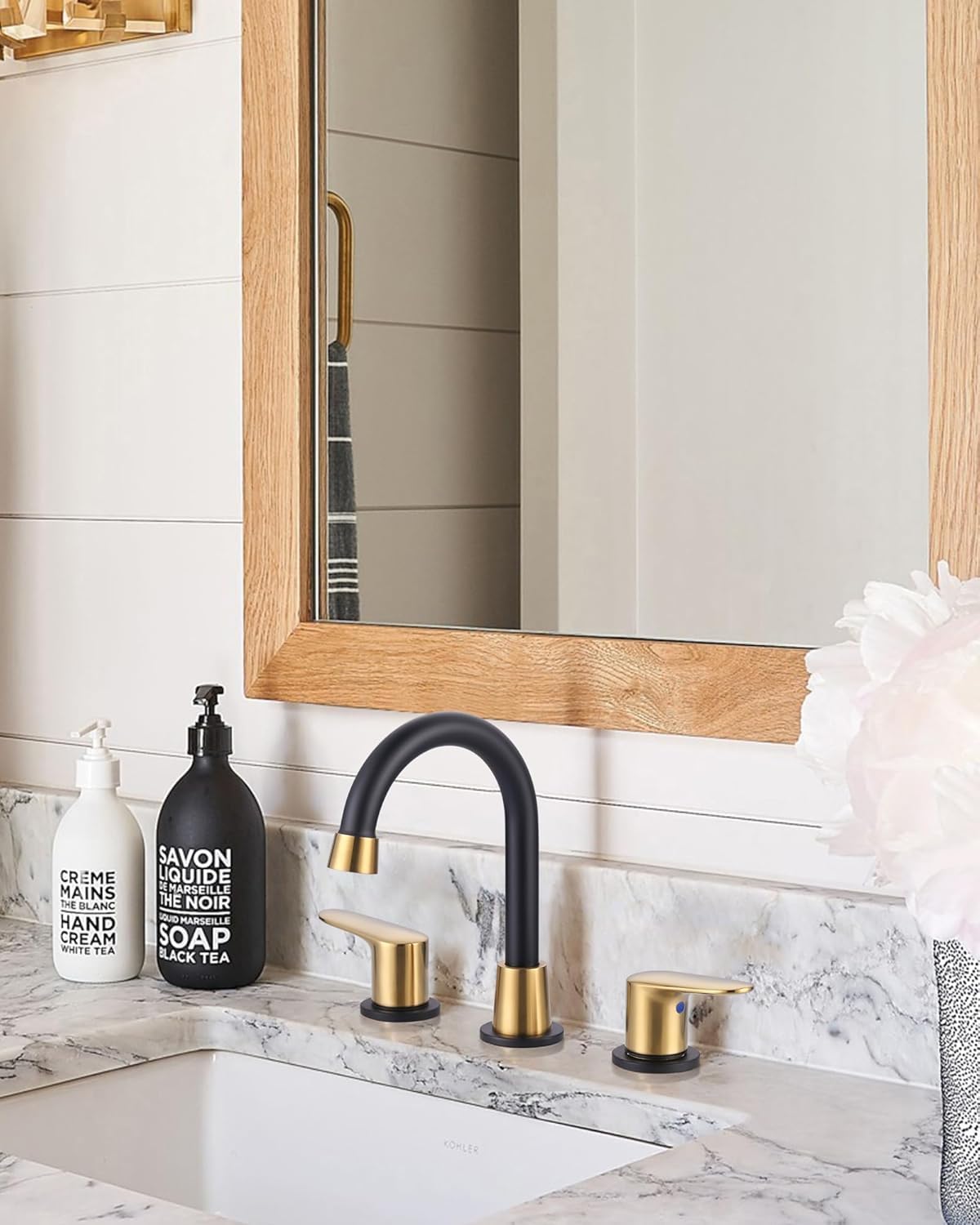 Bathroom Faucets for Sink 3 Hole, Black and Gold Bathroom Faucet with Push-Pop Drain and 2 Supply Lines,Lead-Free 8 Inch Widespread Bathroom Sink Faucets for Restroom Vanity Camper RV Sink